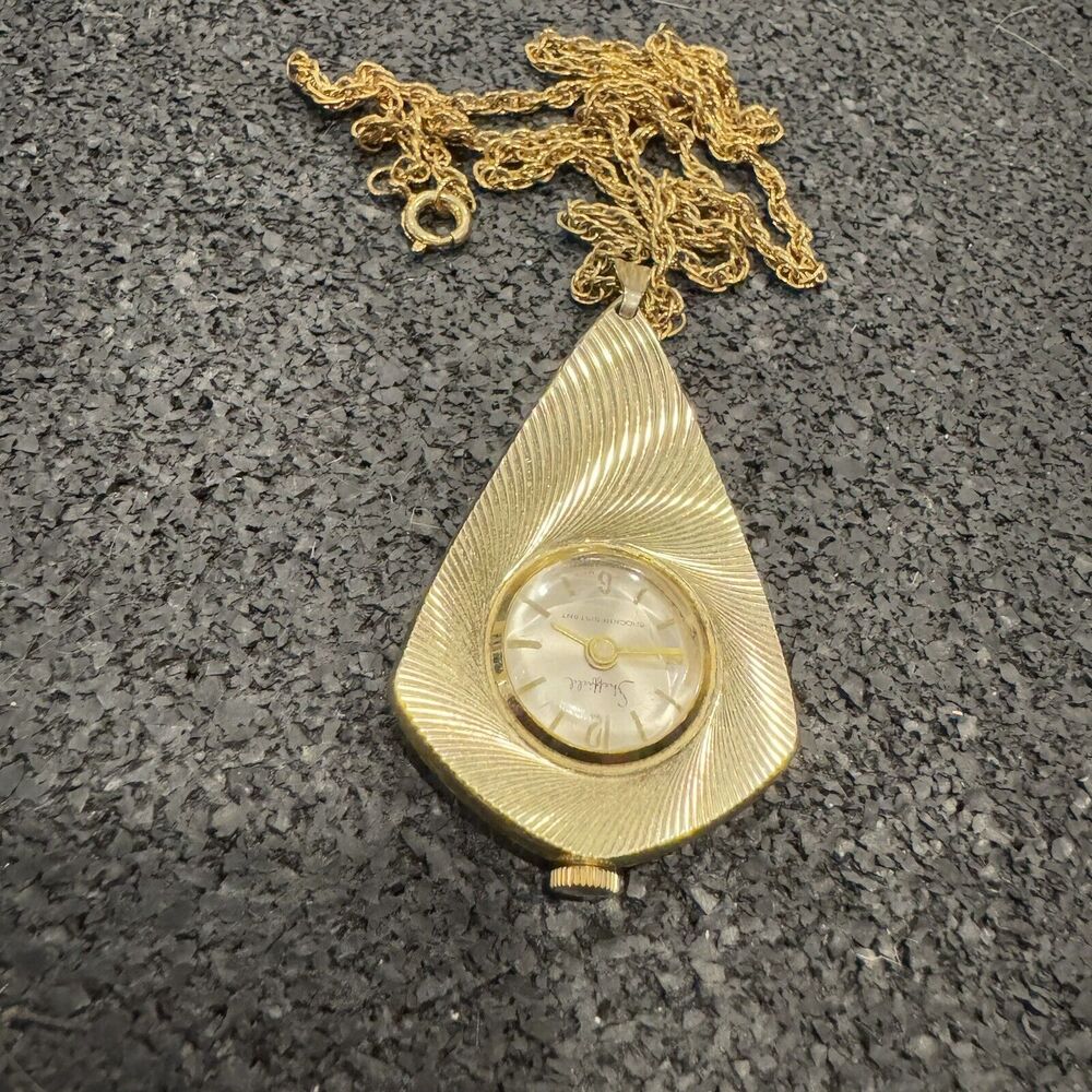 VTG Sheffield Wind-Up Pendant Watch Swiss Made Gold Tone Gold W/ Necklace Chain